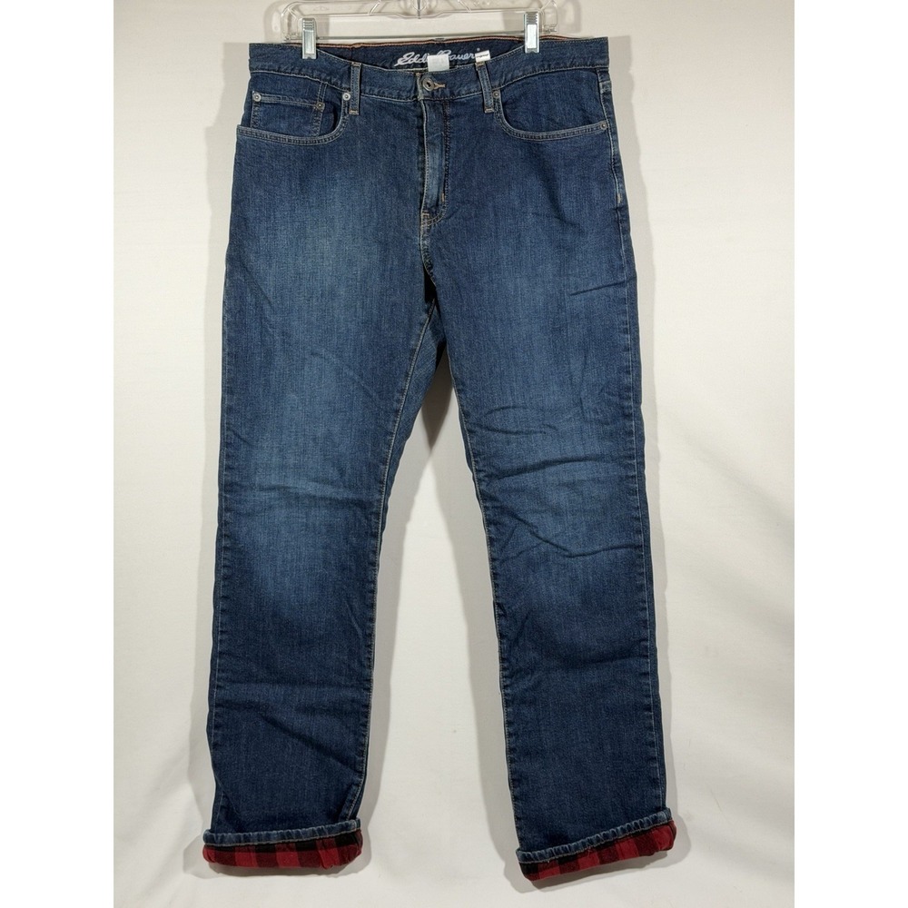 Eddie Bauer Flannel Lined Jeans Mens 36x34 Straight‎ Blue Denim Red Plaid